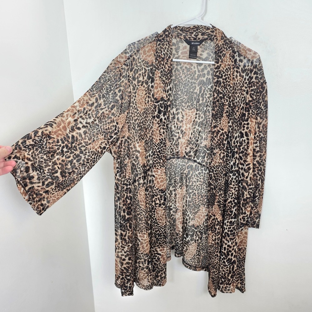 Ali Miles Women 3X Leopard Animal Print Sheer Mesh Open Front Cardigan Brown